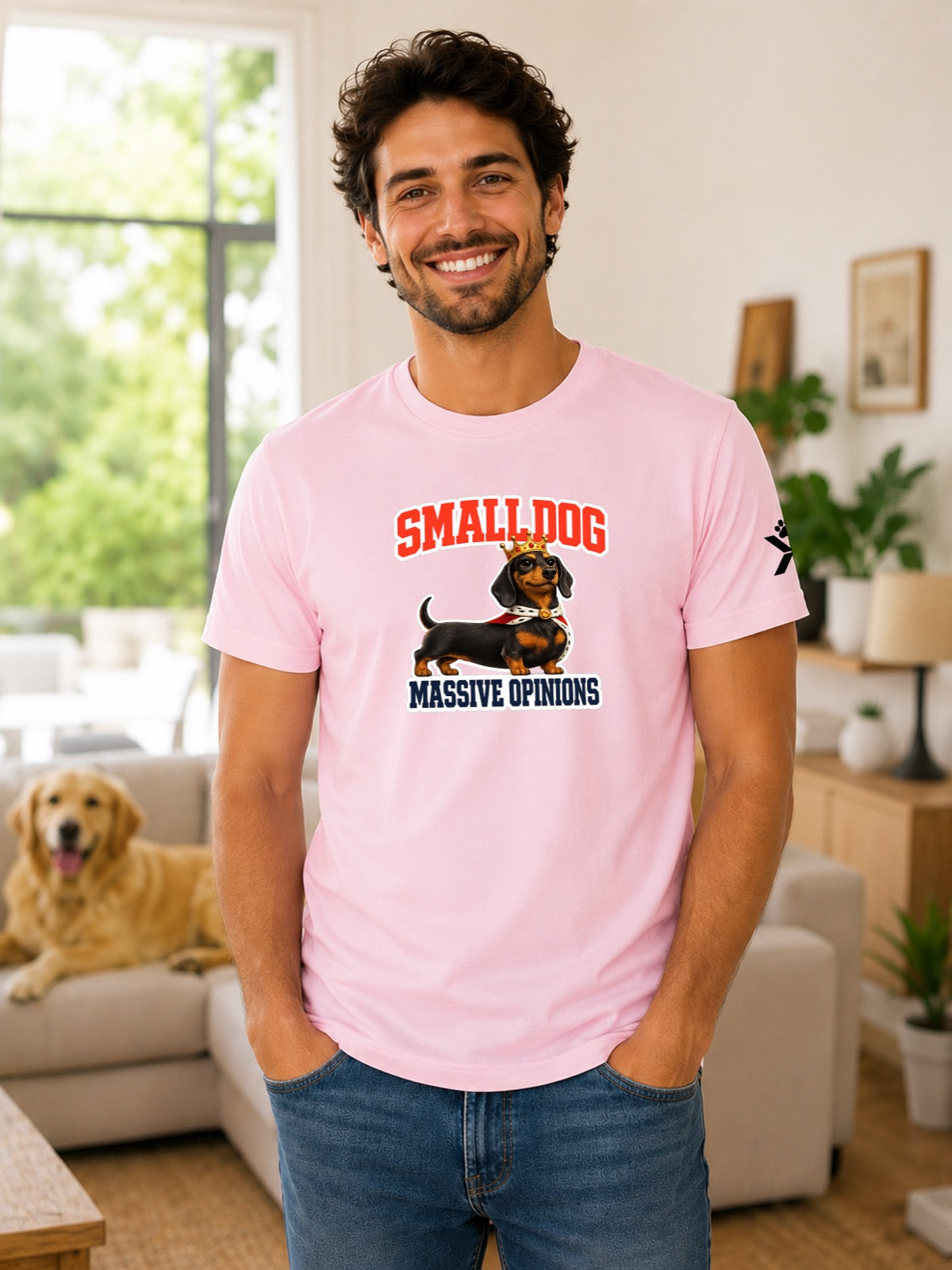 NOMAiX PAWS Dachshund T-Shirt for Men - Small Dog Massive Opinions - Funny Dog Dad Gift Tee - Pink - Lifestyle