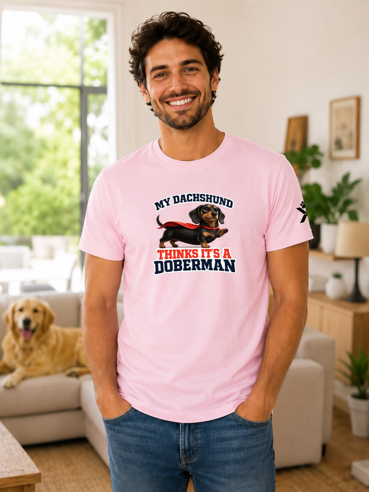 NOMAiX PAWS Dachshund T-Shirt for Men - My Dachshund Thinks It's a Doberman - Funny Dog Dad Gift Tee - Pink - Lifestyle