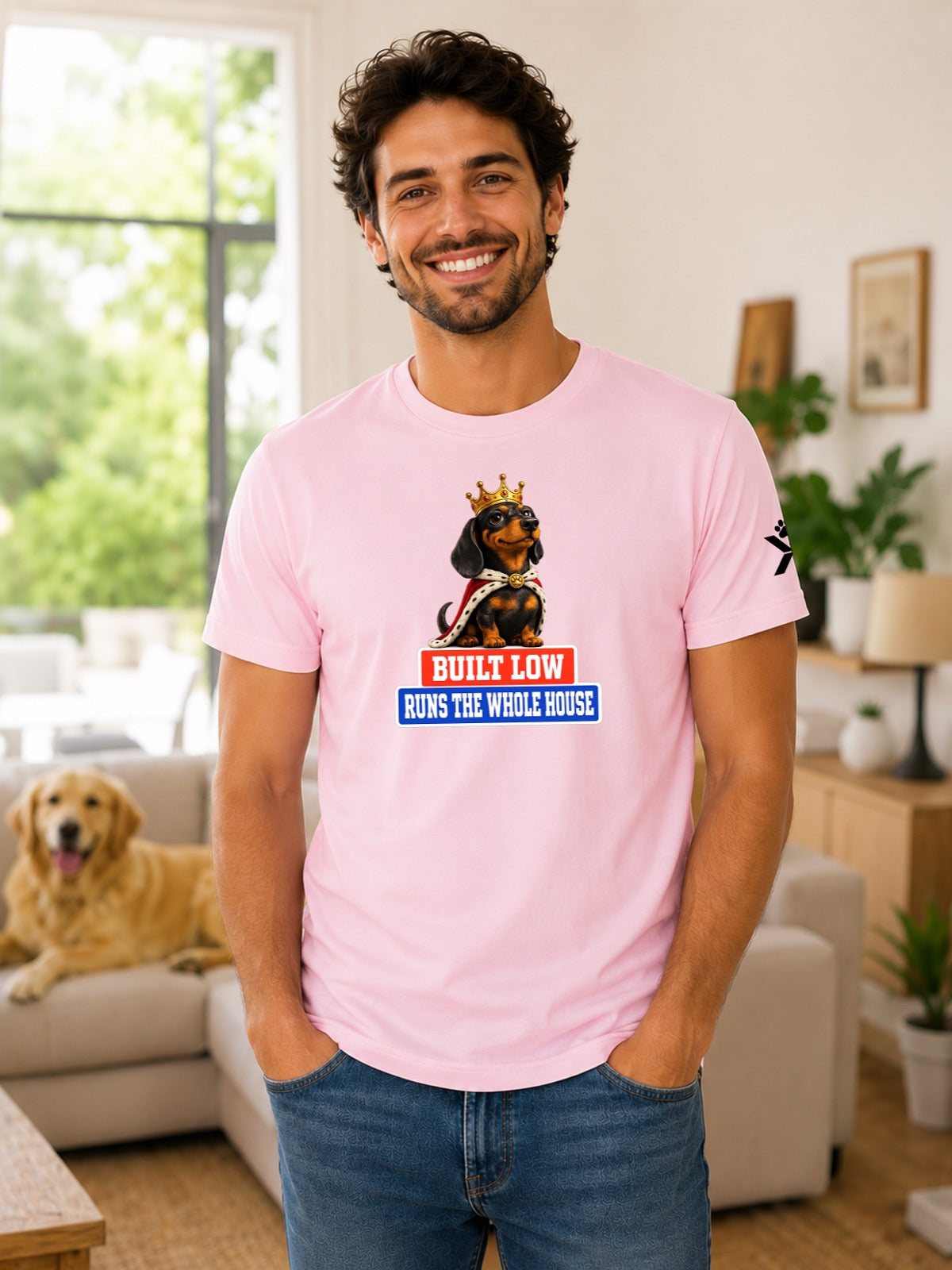 NOMAiX PAWS Dachshund T-Shirt for Men - Built Low Runs the Whole House - Funny Dog Dad Gift Tee - Pink - Lifestyle