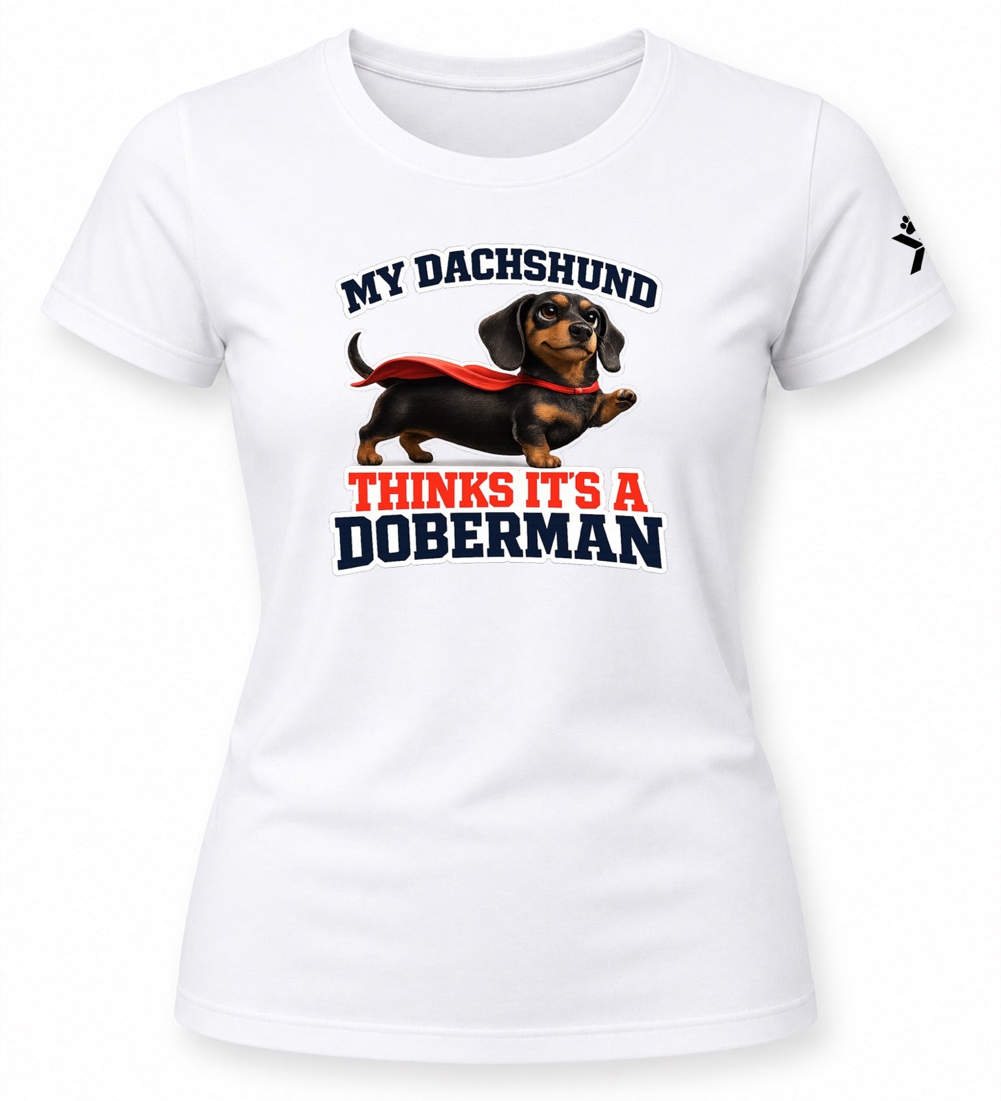 NOMAiX PAWS Dachshund T-Shirt for Women - My Dachshund Thinks It's a Doberman - Funny Dog Mom Gift Tee - White - Flat