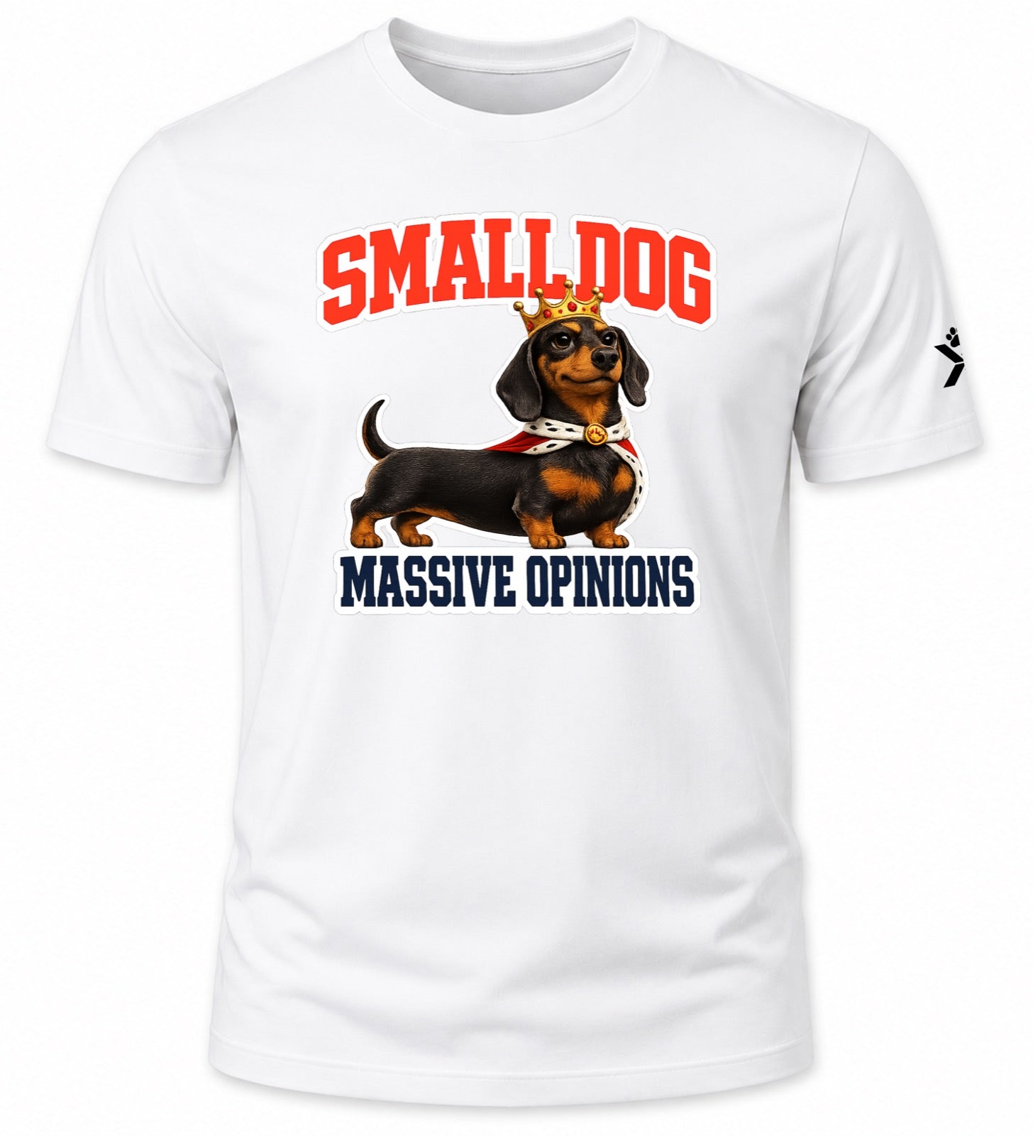 NOMAiX PAWS Dachshund T-Shirt for Men - Small Dog Massive Opinions - Funny Dog Dad Gift Tee - White - Flat