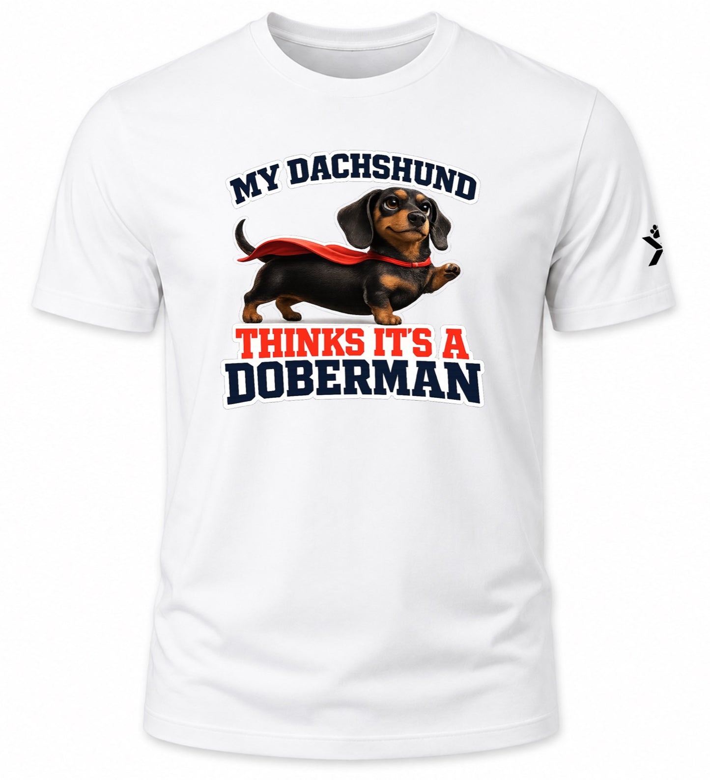 NOMAiX PAWS Dachshund T-Shirt for Men - My Dachshund Thinks It's a Doberman - Funny Dog Dad Gift Tee - White - Flat