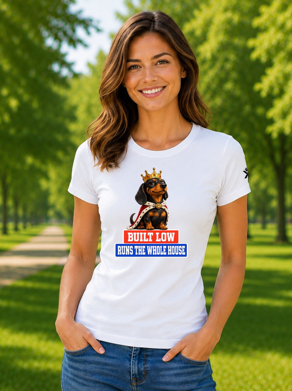 NOMAiX PAWS Dachshund T-Shirt for Women - Built Low Runs the Whole House - Funny Dog Mom Gift Tee - White - Lifestyle