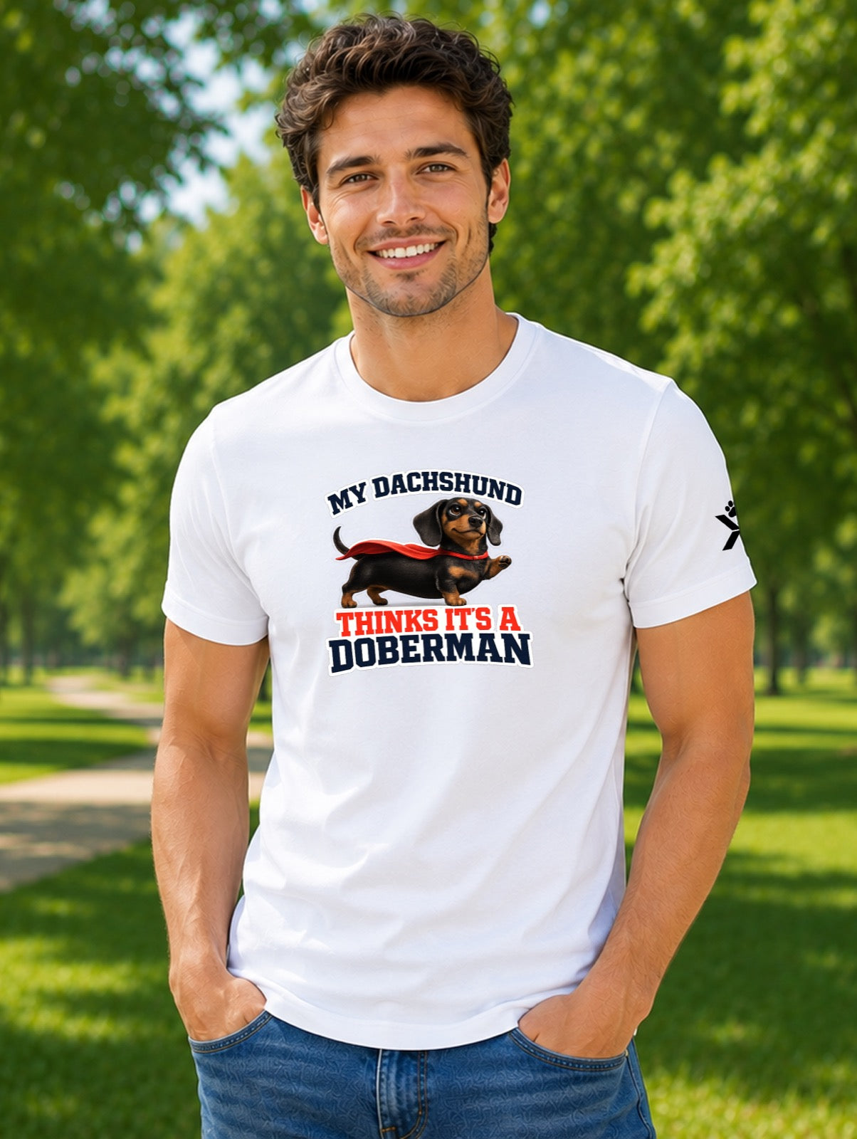 NOMAiX PAWS Dachshund T-Shirt for Men - My Dachshund Thinks It's a Doberman - Funny Dog Dad Gift Tee - White - Lifestyle