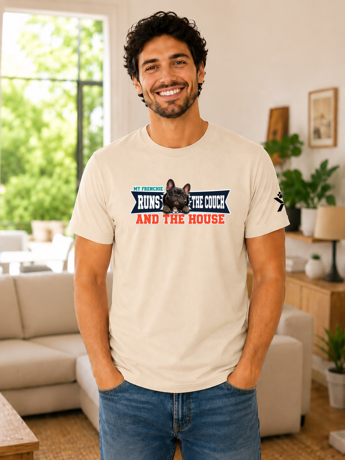 NOMAiX PAWS French Bulldog T-Shirt for Men - My Frenchie Runs the Couch and the House - Funny Dog Dad Gift Tee - Beige - Lifestyle