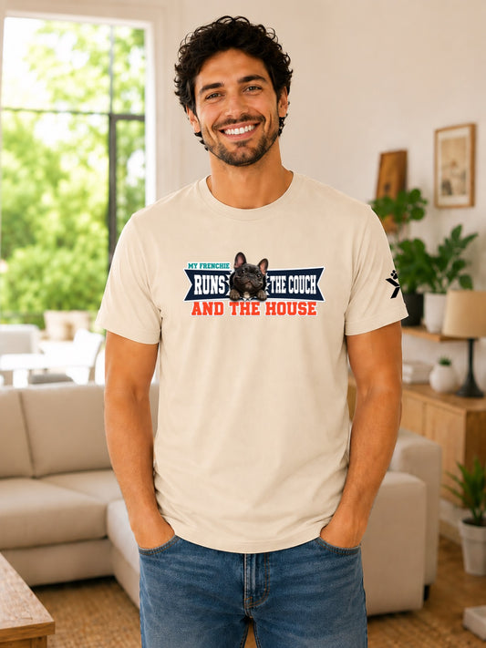 NOMAiX PAWS French Bulldog T-Shirt for Men - My Frenchie Runs the Couch and the House - Funny Dog Dad Gift Tee - Beige - Lifestyle