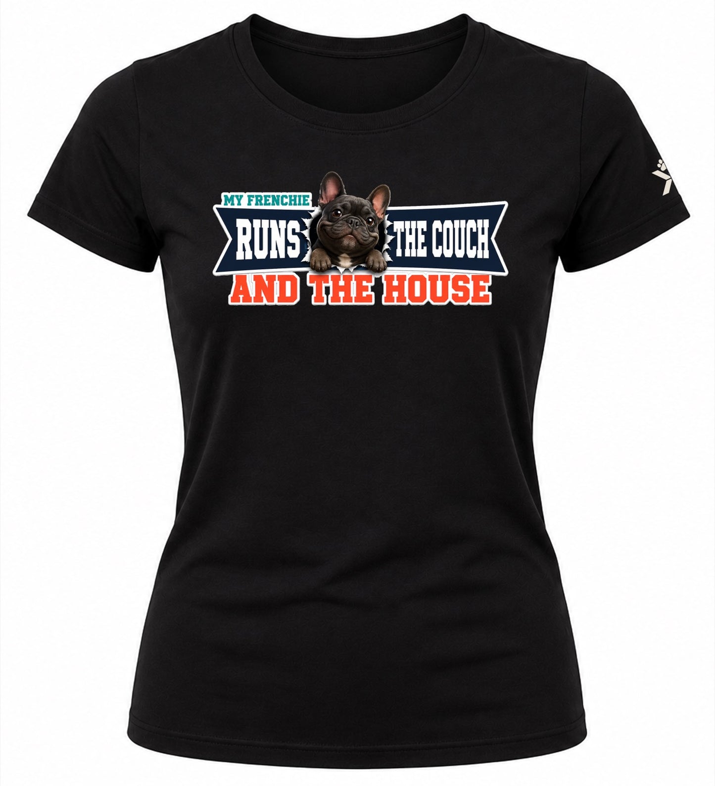 NOMAiX PAWS French Bulldog T-Shirt for Women - My Frenchie Runs the Couch and the House - Funny Dog Mom Gift Tee - Black - Flat