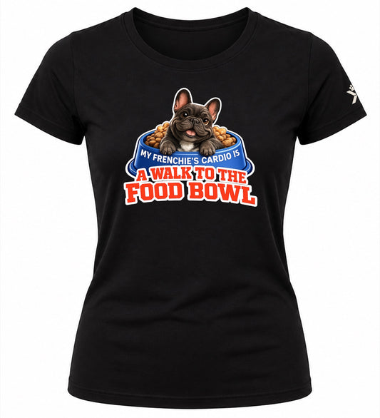 NOMAiX PAWS French Bulldog T-Shirt for Women - My Frenchie's Cardio Is a Walk to the Food Bowl - Funny Dog Mom Gift Tee - Black - Flat