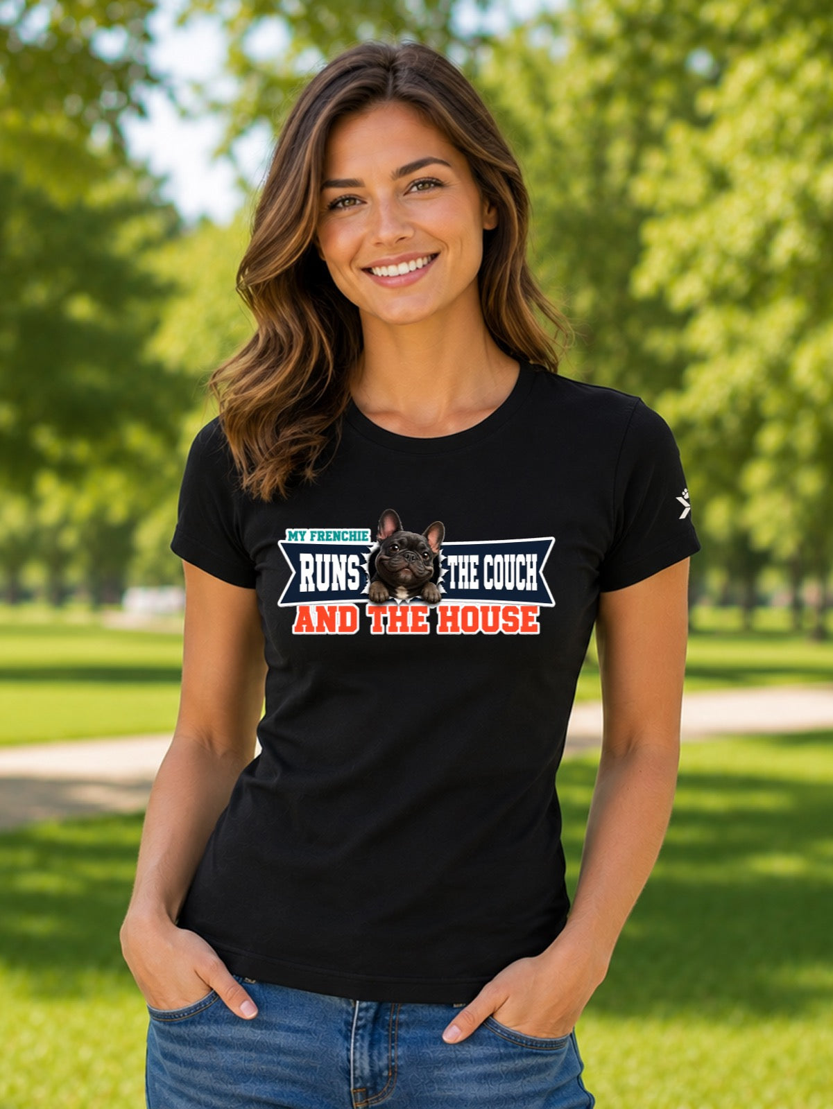 NOMAiX PAWS French Bulldog T-Shirt for Women - My Frenchie Runs the Couch and the House - Funny Dog Mom Gift Tee - Black - Lifestyle