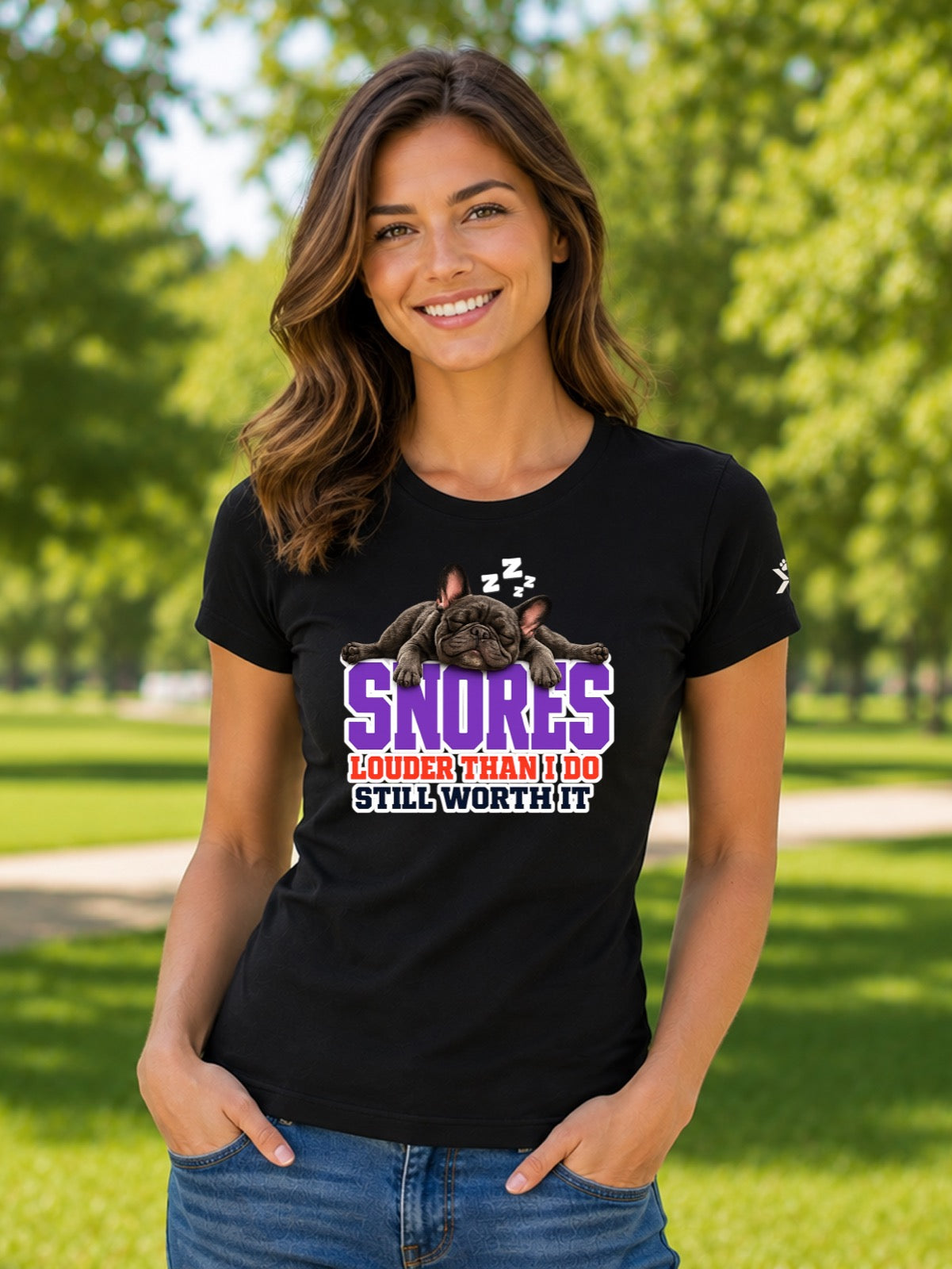 NOMAiX PAWS French Bulldog T-Shirt for Women - Snores Louder Than I Do Still Worth It - Funny Dog Mom Gift Tee - Black - Lifestyle