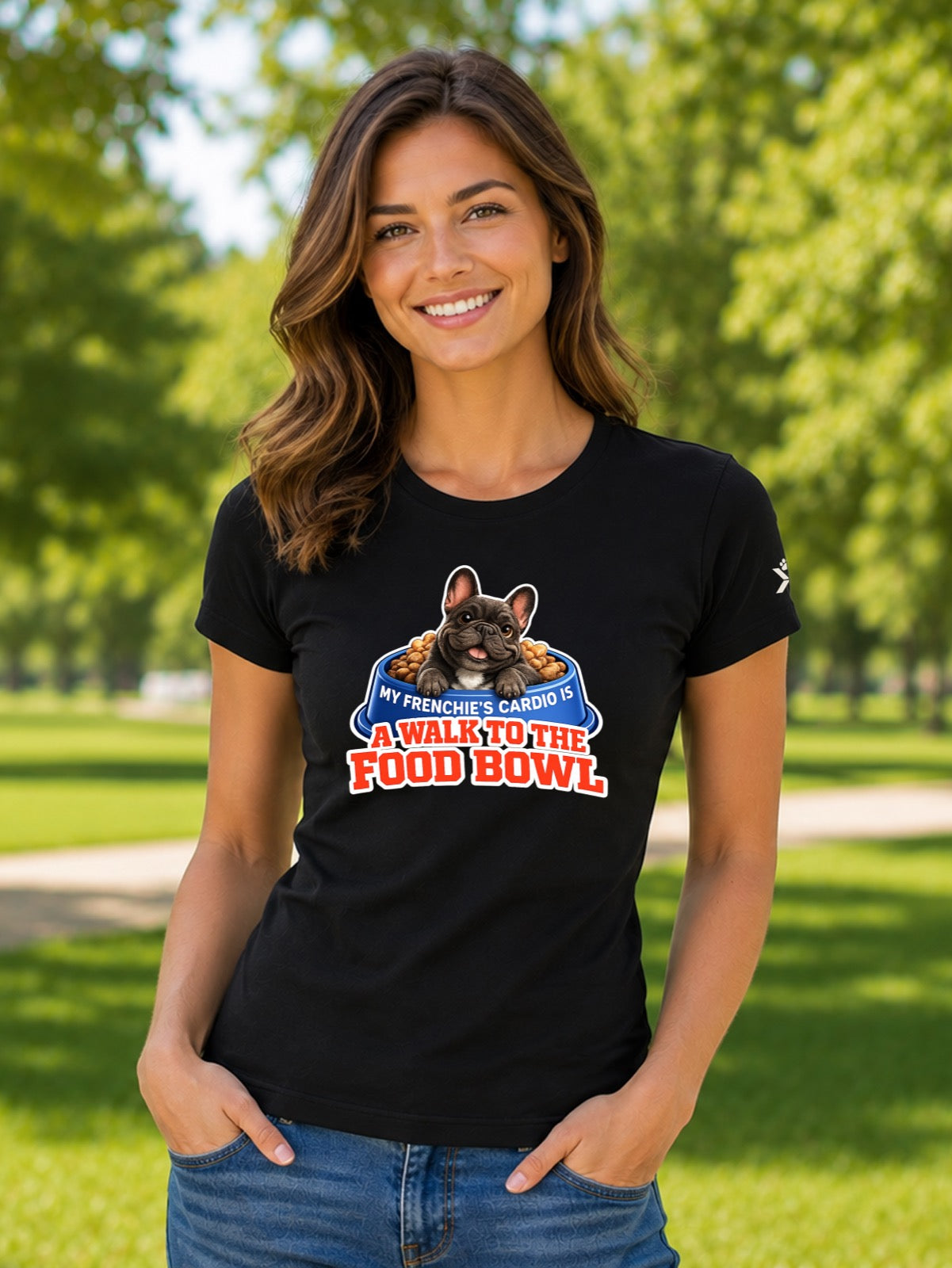 NOMAiX PAWS French Bulldog T-Shirt for Women - My Frenchie's Cardio Is a Walk to the Food Bowl - Funny Dog Mom Gift Tee - Black - Lifestyle