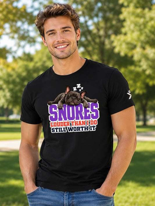 NOMAiX PAWS French Bulldog T-Shirt for Men - Snores Louder Than I Do Still Worth It - Funny Dog Dad Gift Tee - Black - Lifestyle