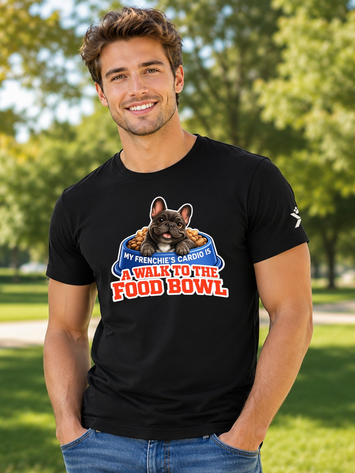 NOMAiX PAWS French Bulldog T-Shirt for Men - My Frenchie's Cardio Is a Walk to the Food Bowl - Funny Dog Dad Gift Tee - Black - Lifestyle