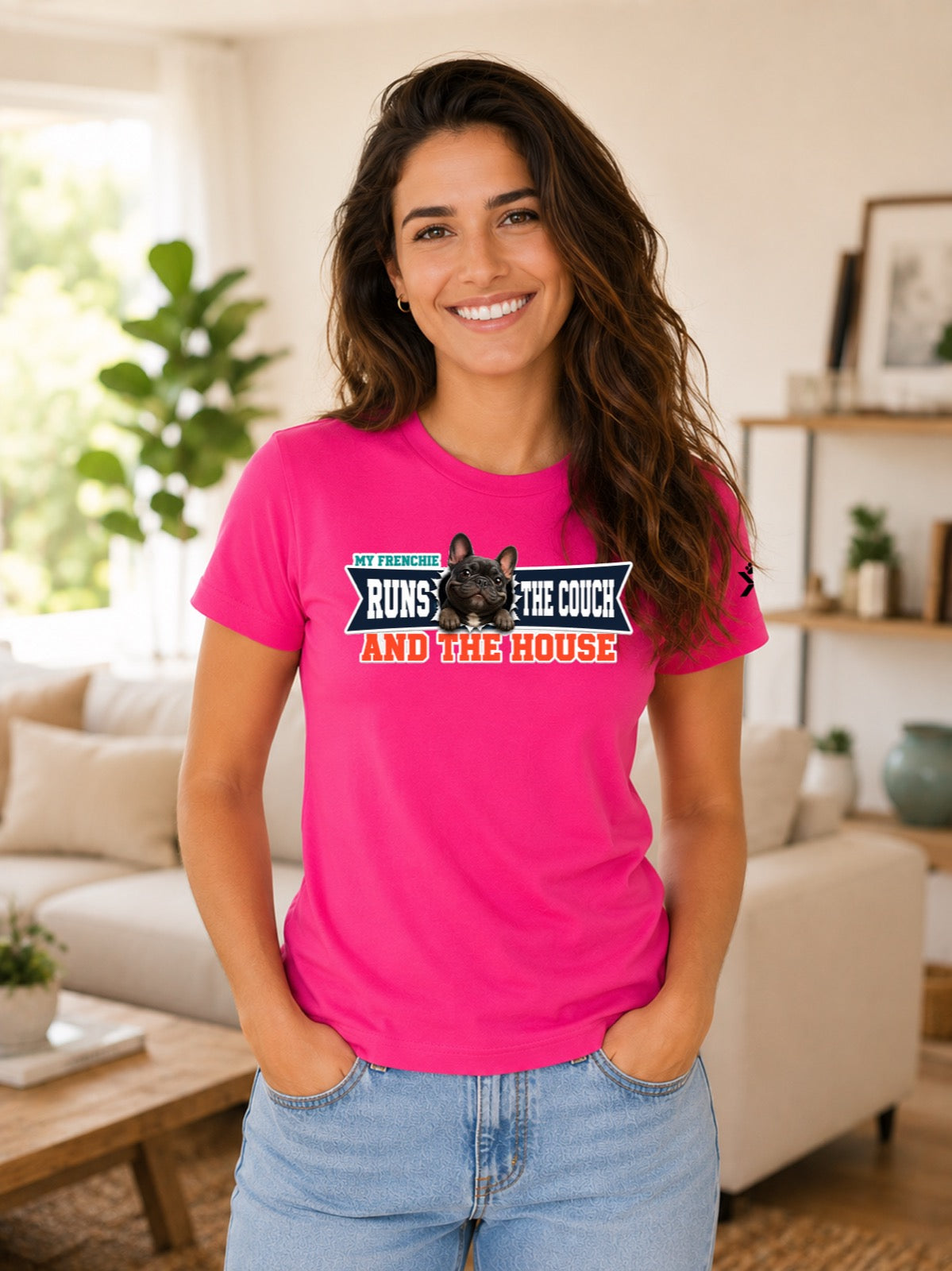 NOMAiX PAWS French Bulldog T-Shirt for Women - My Frenchie Runs the Couch and the House - Funny Dog Mom Gift Tee - Bright Pink - Lifestyle