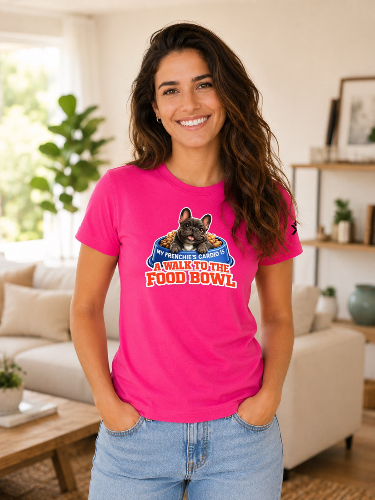 NOMAiX PAWS French Bulldog T-Shirt for Women - My Frenchie's Cardio Is a Walk to the Food Bowl - Funny Dog Mom Gift Tee - Bright Pink - Lifestyle