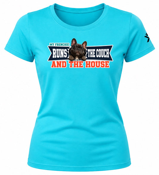 NOMAiX PAWS French Bulldog T-Shirt for Women - My Frenchie Runs the Couch and the House - Funny Dog Mom Gift Tee - Cyan - Flat