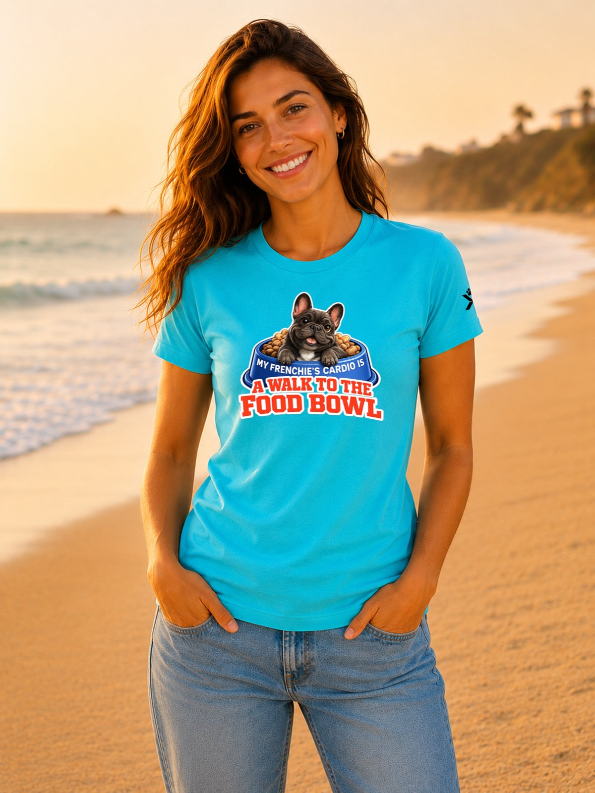 NOMAiX PAWS French Bulldog T-Shirt for Women - My Frenchie's Cardio Is a Walk to the Food Bowl - Funny Dog Mom Gift Tee - Cyan - Lifestyle
