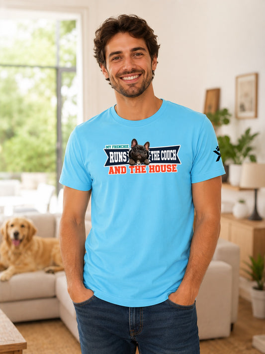 NOMAiX PAWS French Bulldog T-Shirt for Men - My Frenchie Runs the Couch and the House - Funny Dog Dad Gift Tee - Cyan - Lifestyle