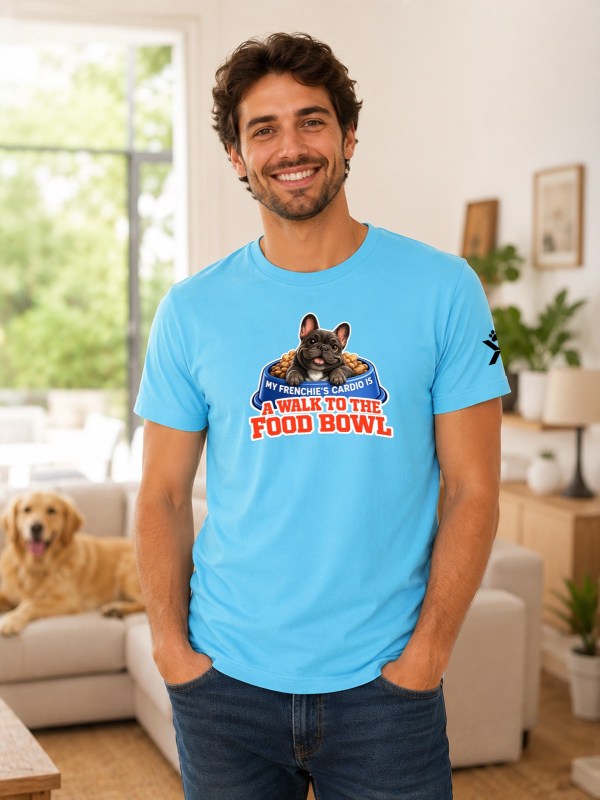 NOMAiX PAWS French Bulldog T-Shirt for Men - My Frenchie's Cardio Is a Walk to the Food Bowl - Funny Dog Dad Gift Tee - Cyan - Lifestyle