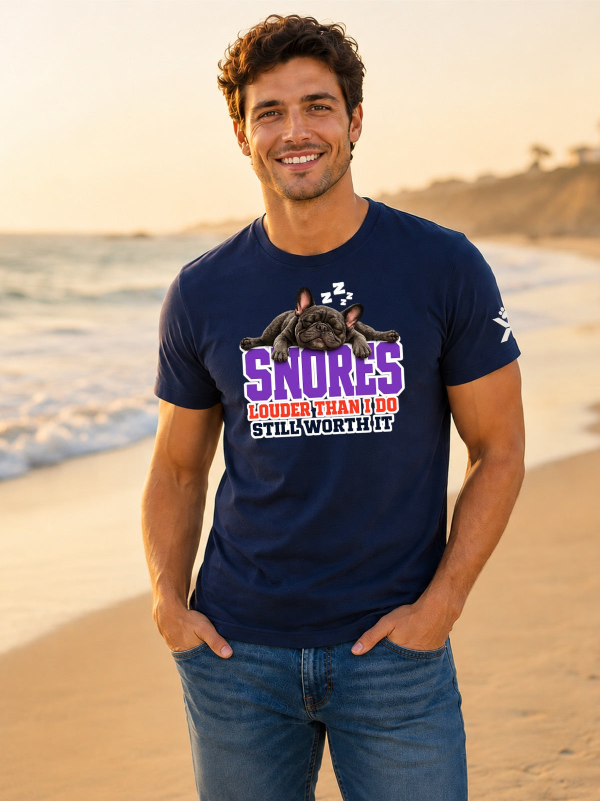 NOMAiX PAWS French Bulldog T-Shirt for Men - Snores Louder Than I Do Still Worth It - Funny Dog Dad Gift Tee - Navy - Lifestyle