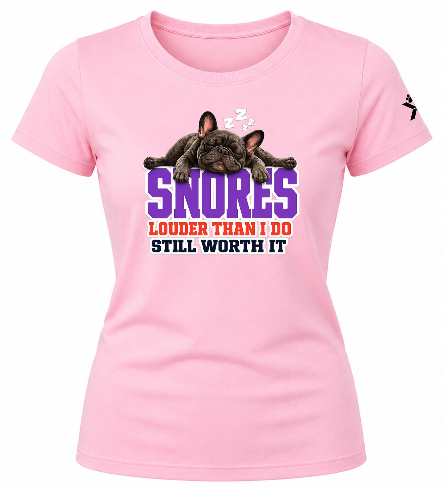 NOMAiX PAWS French Bulldog T-Shirt for Women - Snores Louder Than I Do Still Worth It - Funny Dog Mom Gift Tee - Baby Pink - Flat
