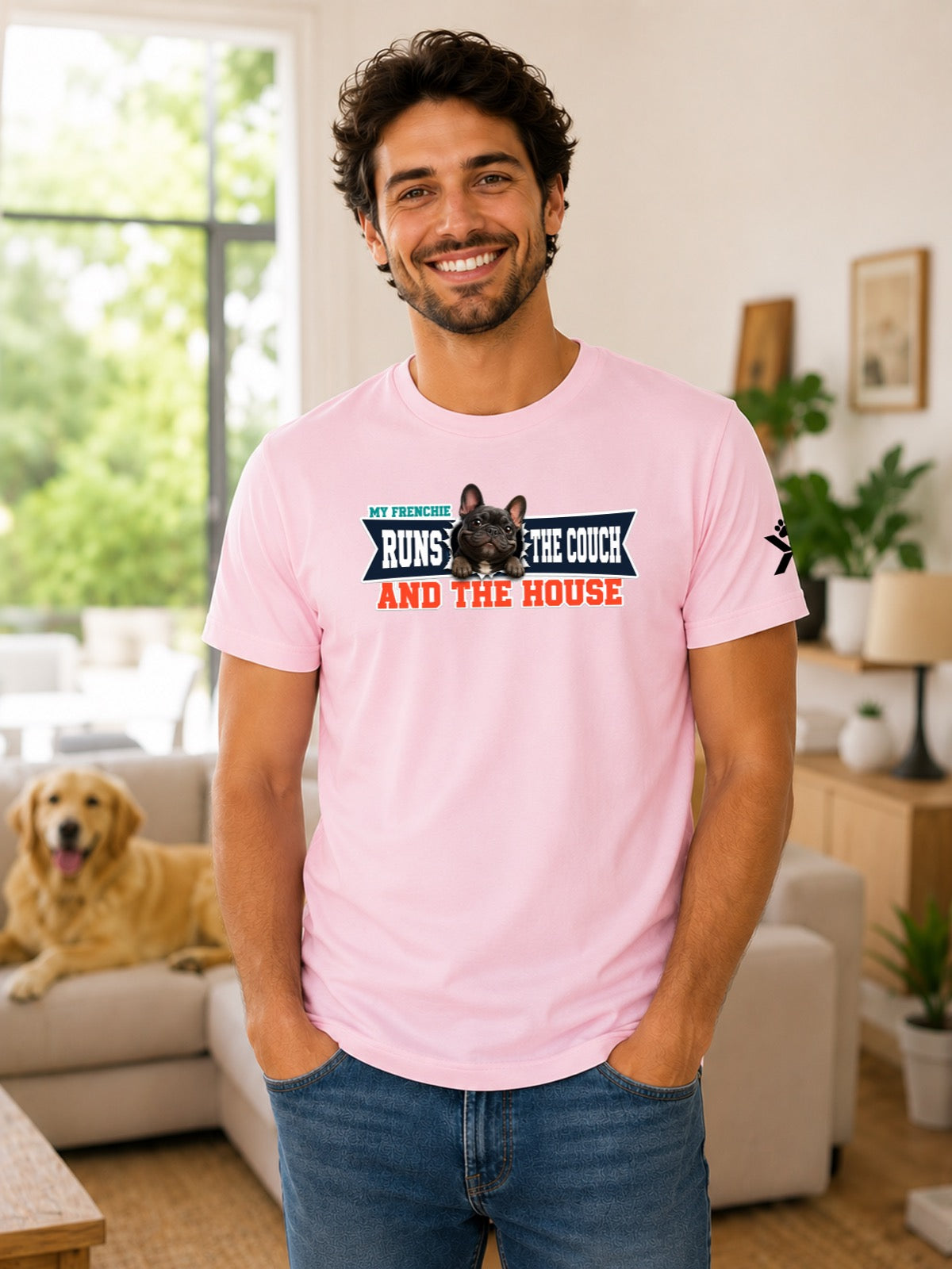 NOMAiX PAWS French Bulldog T-Shirt for Men - My Frenchie Runs the Couch and the House - Funny Dog Dad Gift Tee - Pink - Lifestyle