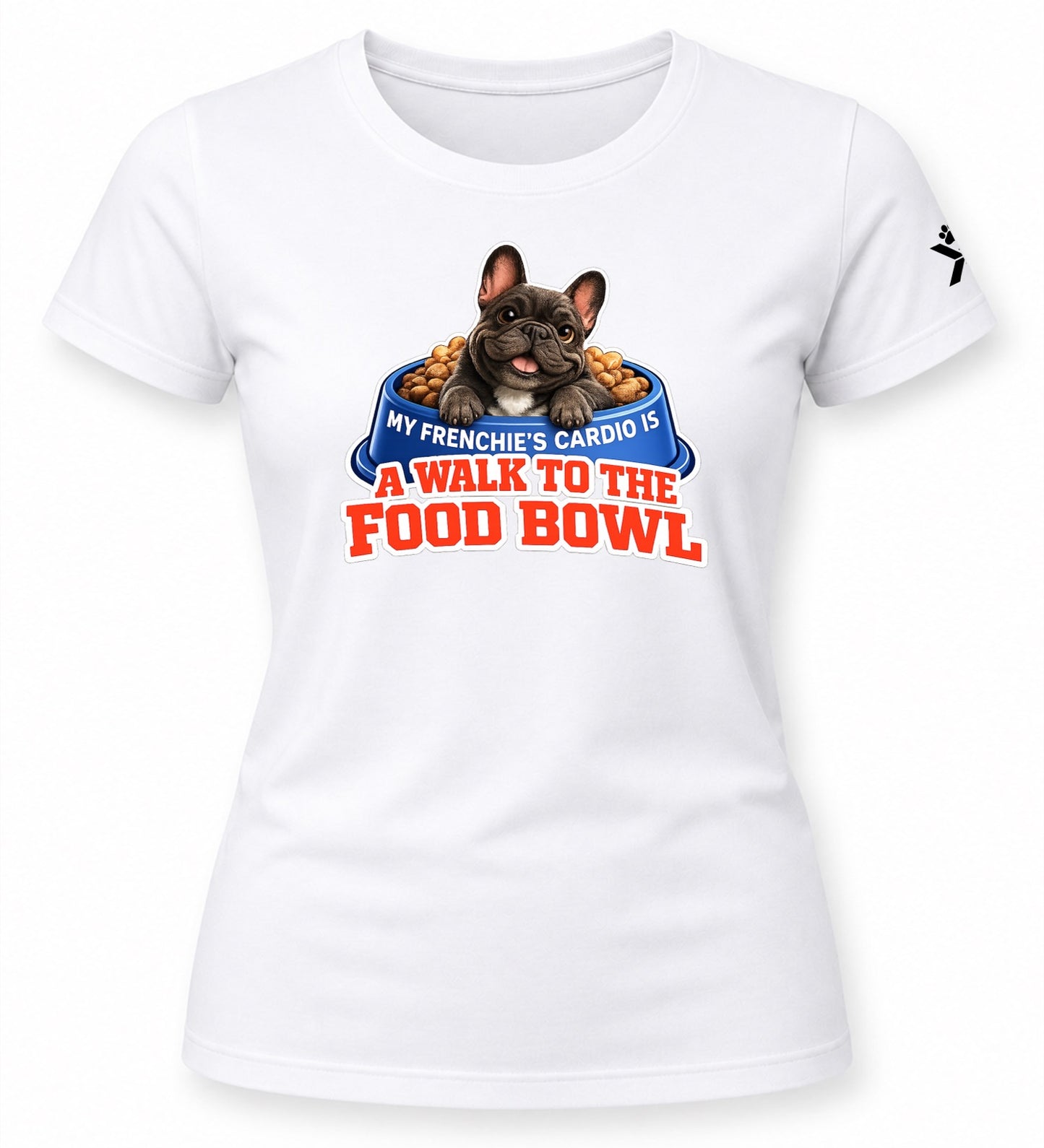 NOMAiX PAWS French Bulldog T-Shirt for Women - My Frenchie's Cardio Is a Walk to the Food Bowl - Funny Dog Mom Gift Tee - White - Flat