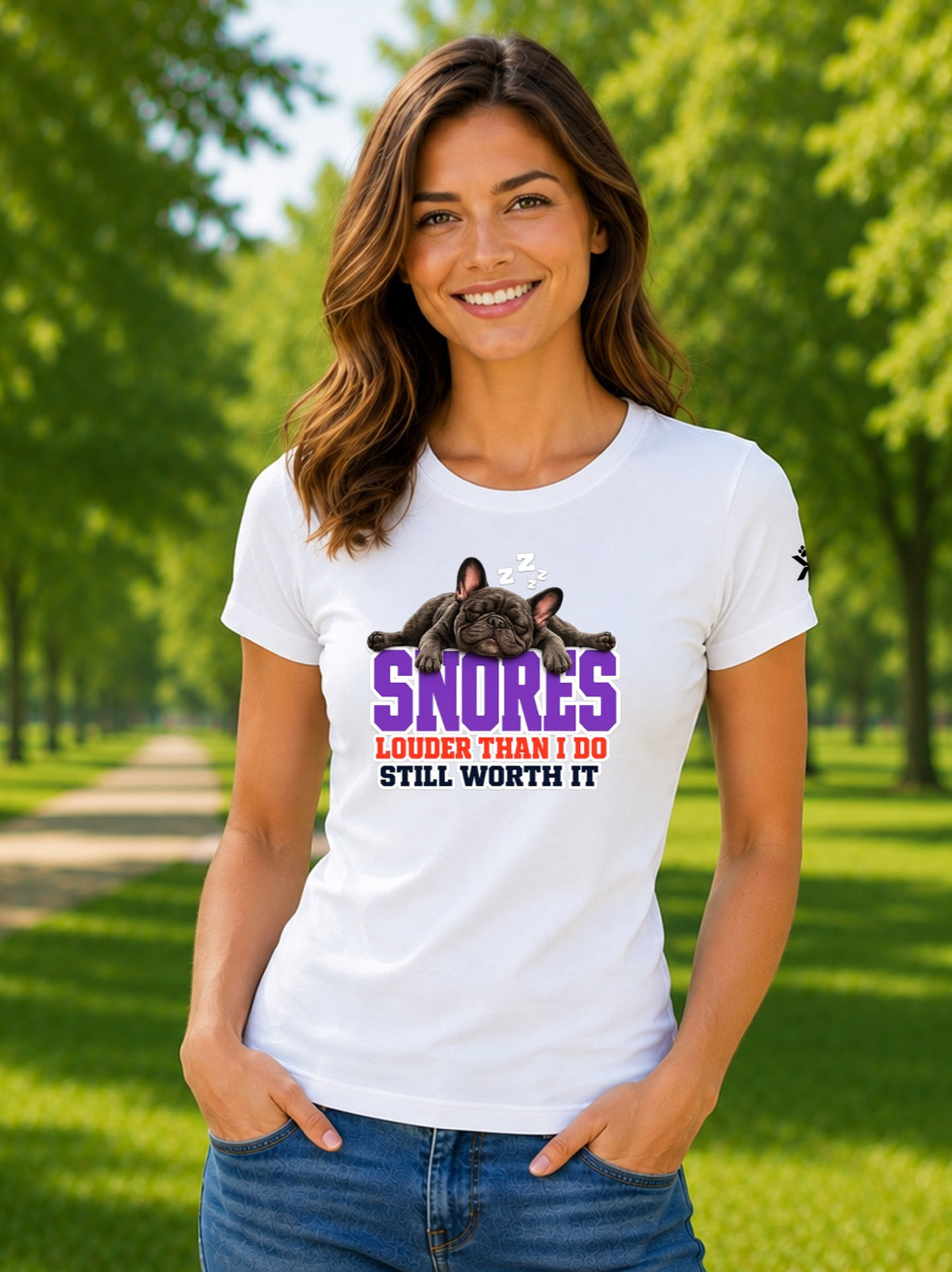 NOMAiX PAWS French Bulldog T-Shirt for Women - Snores Louder Than I Do Still Worth It - Funny Dog Mom Gift Tee - White - Lifestyle