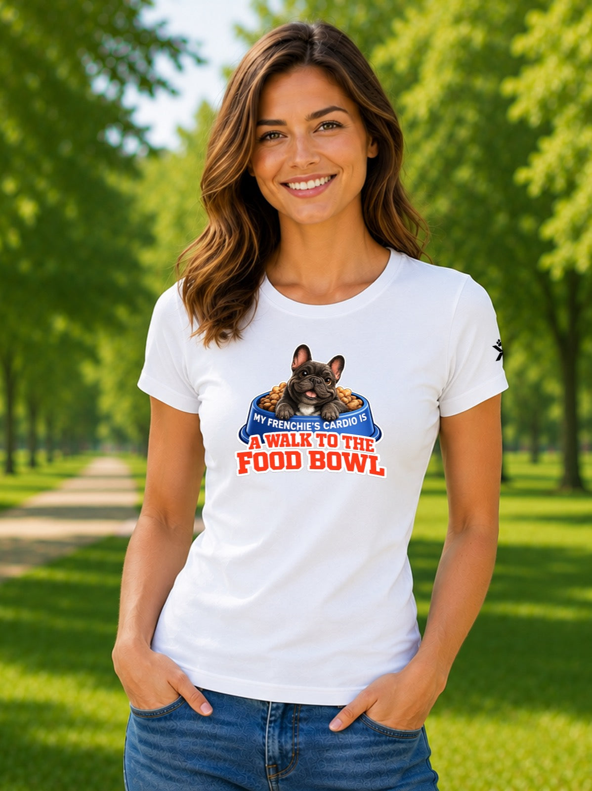 NOMAiX PAWS French Bulldog T-Shirt for Women - My Frenchie's Cardio Is a Walk to the Food Bowl - Funny Dog Mom Gift Tee - White - Lifestyle