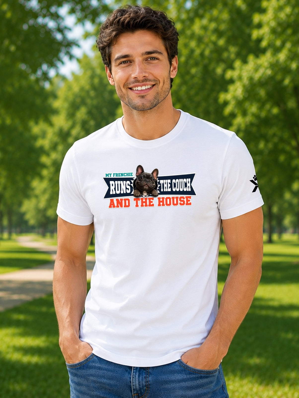 NOMAiX PAWS French Bulldog T-Shirt for Men - My Frenchie Runs the Couch and the House - Funny Dog Dad Gift Tee - White - Lifestyle