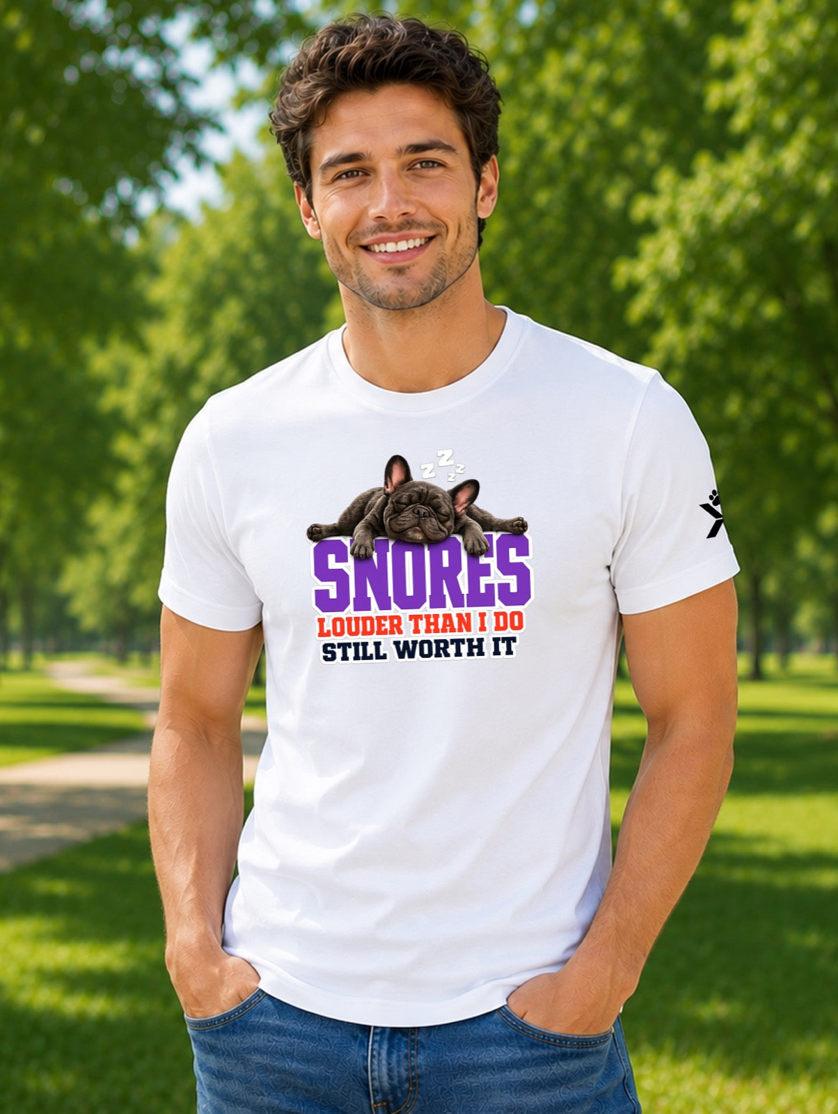 NOMAiX PAWS French Bulldog T-Shirt for Men - Snores Louder Than I Do Still Worth It - Funny Dog Dad Gift Tee - White - Lifestyle