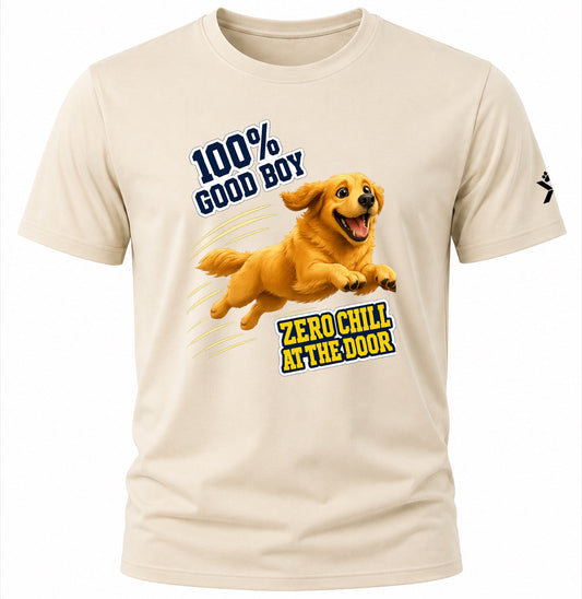 NOMAiX PAWS Golden Retriever T-Shirt for Men - 100% Good Boy Zero Chill at the Door - Funny Dog Dad Gift Tee - Beige - Flat