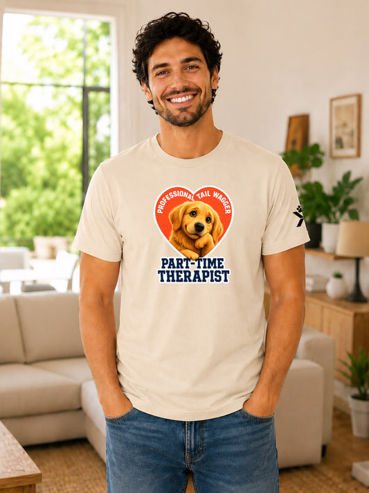 NOMAiX PAWS Golden Retriever T-Shirt for Men - Professional Tail Wagger Part-Time Therapist - Funny Dog Dad Gift Tee - Beige - Lifestyle