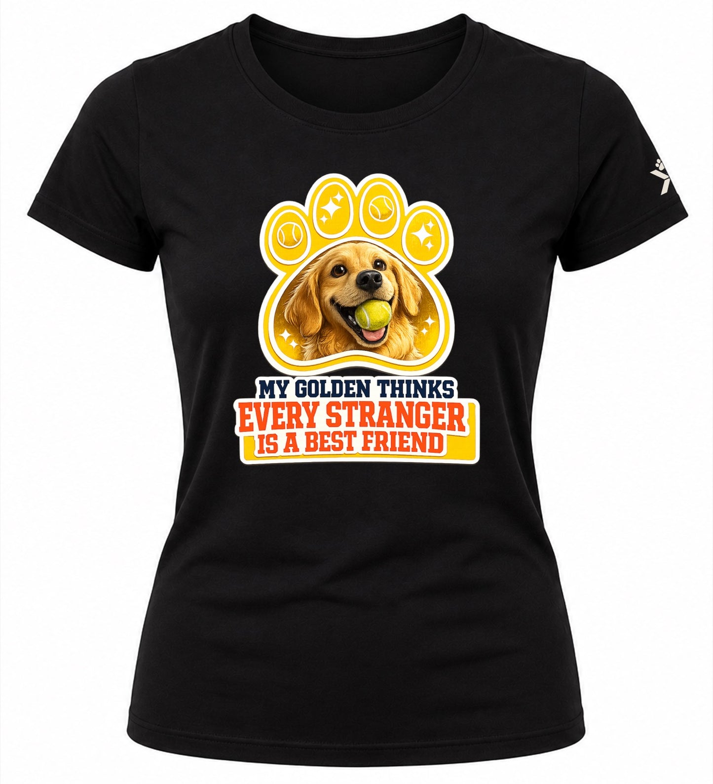 NOMAiX PAWS Golden Retriever T-Shirt for Women - My Golden Thinks Every Stranger Is a Best Friend - Funny Dog Mom Gift Tee - Black - Flat