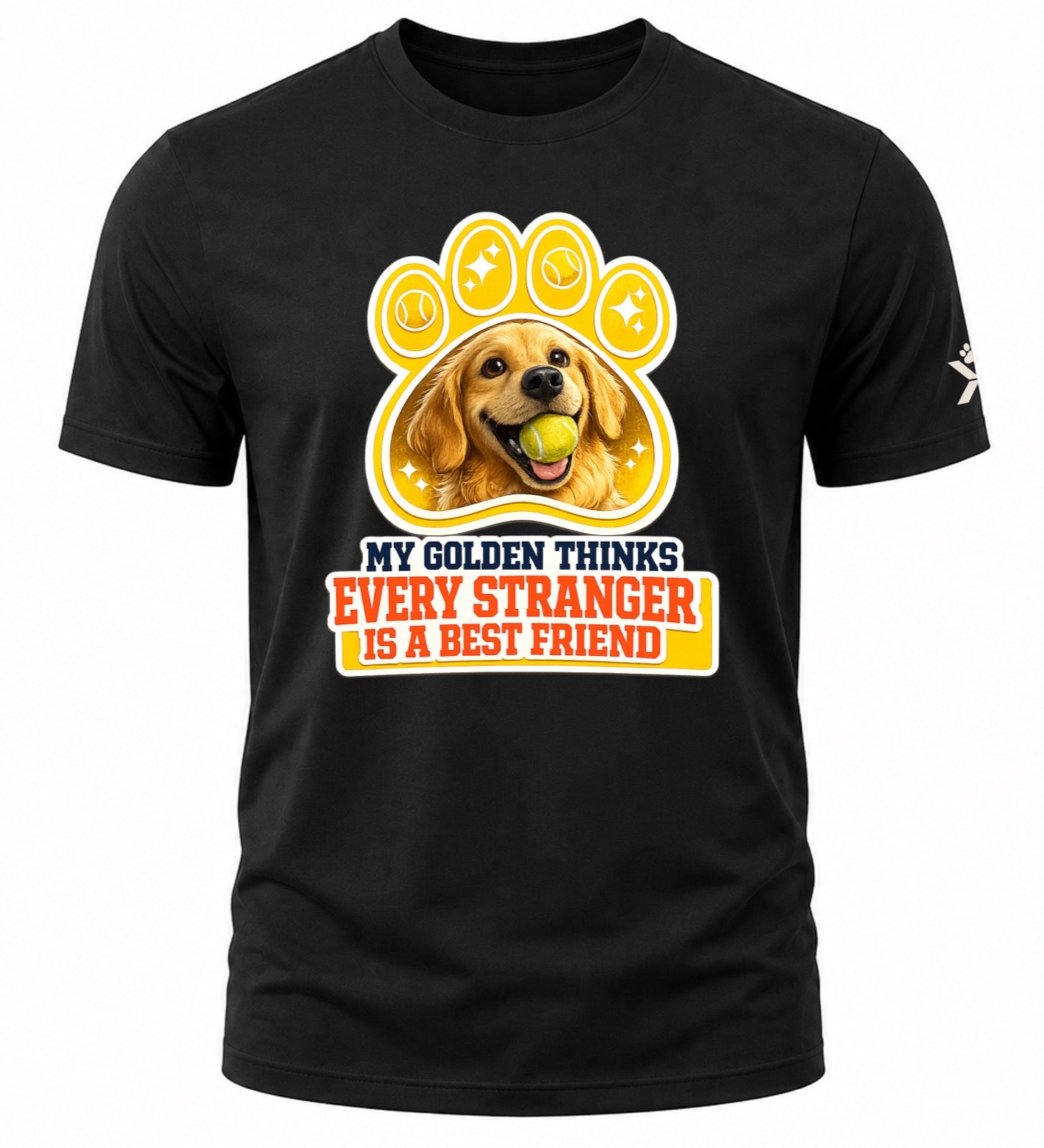 NOMAiX PAWS Golden Retriever T-Shirt for Men - My Golden Thinks Every Stranger Is a Best Friend - Funny Dog Dad Gift Tee - Black - Flat