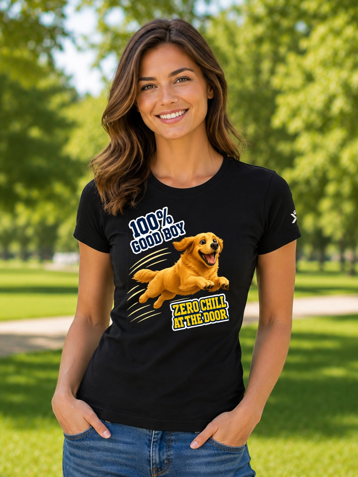 NOMAiX PAWS Golden Retriever T-Shirt for Women - 100% Good Boy Zero Chill at the Door - Funny Dog Mom Gift Tee - Black - Lifestyle