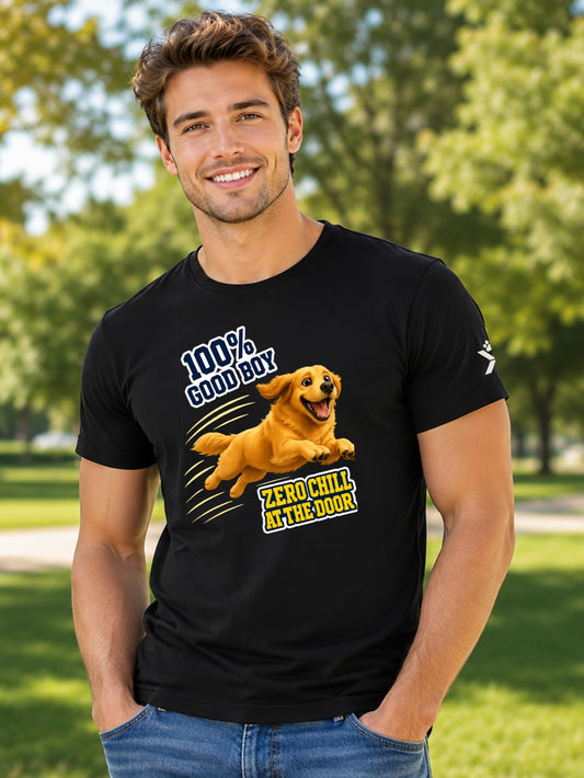 NOMAiX PAWS Golden Retriever T-Shirt for Men - 100% Good Boy Zero Chill at the Door - Funny Dog Dad Gift Tee - Black - Lifestyle