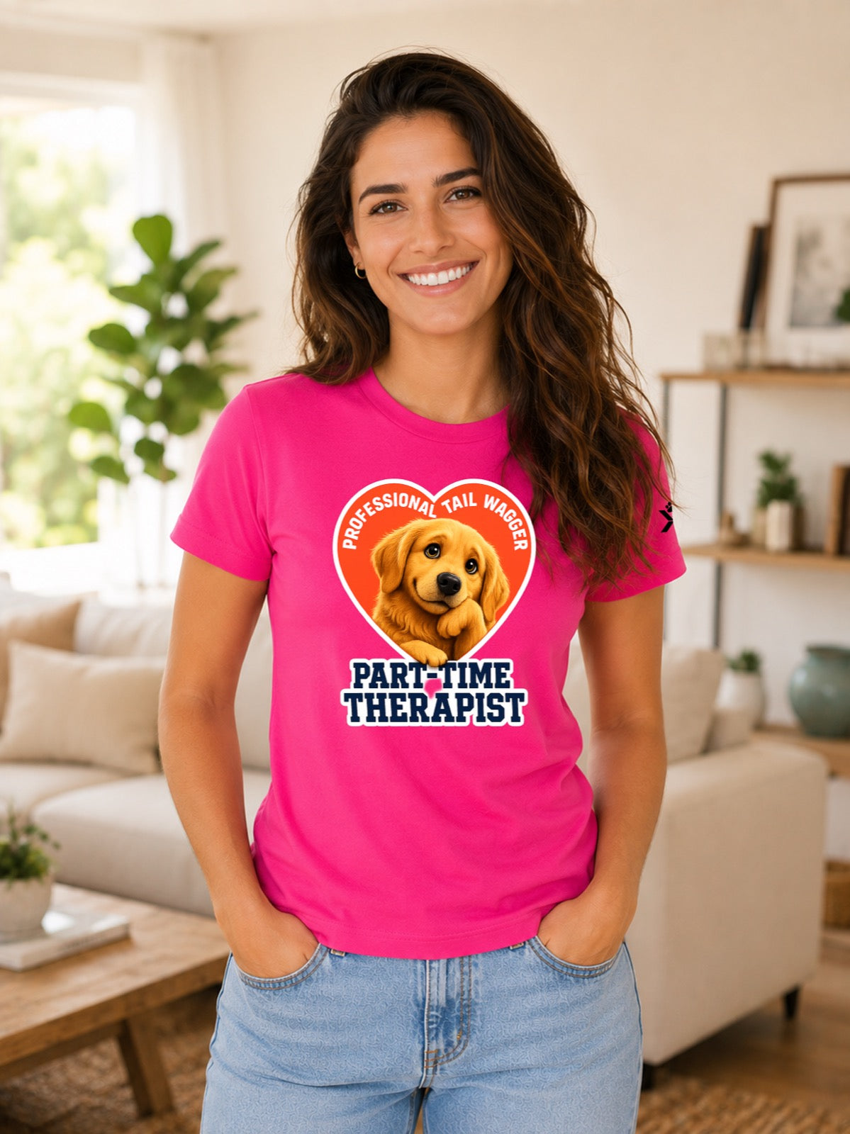 NOMAiX PAWS Golden Retriever T-Shirt for Women - Professional Tail Wagger Part-Time Therapist - Funny Dog Mom Gift Tee - Bright Pink - Lifestyle