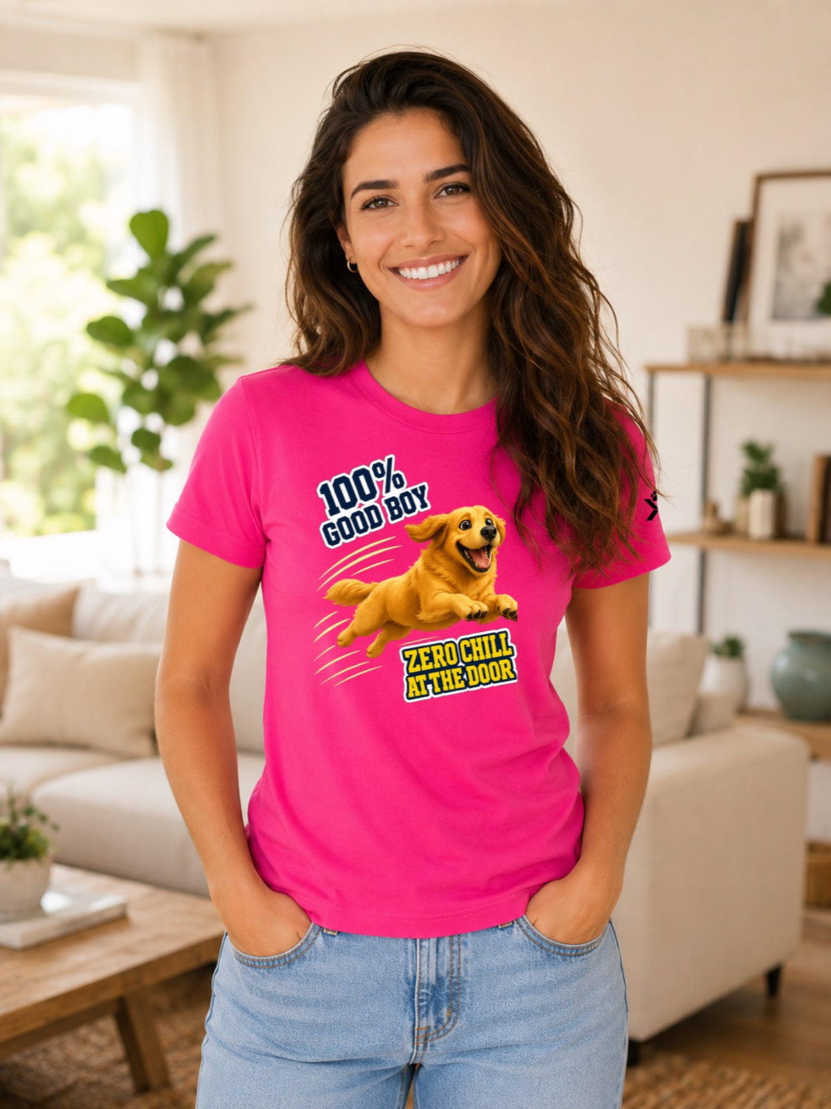 NOMAiX PAWS Golden Retriever T-Shirt for Women - 100% Good Boy Zero Chill at the Door - Funny Dog Mom Gift Tee - Bright Pink - Lifestyle