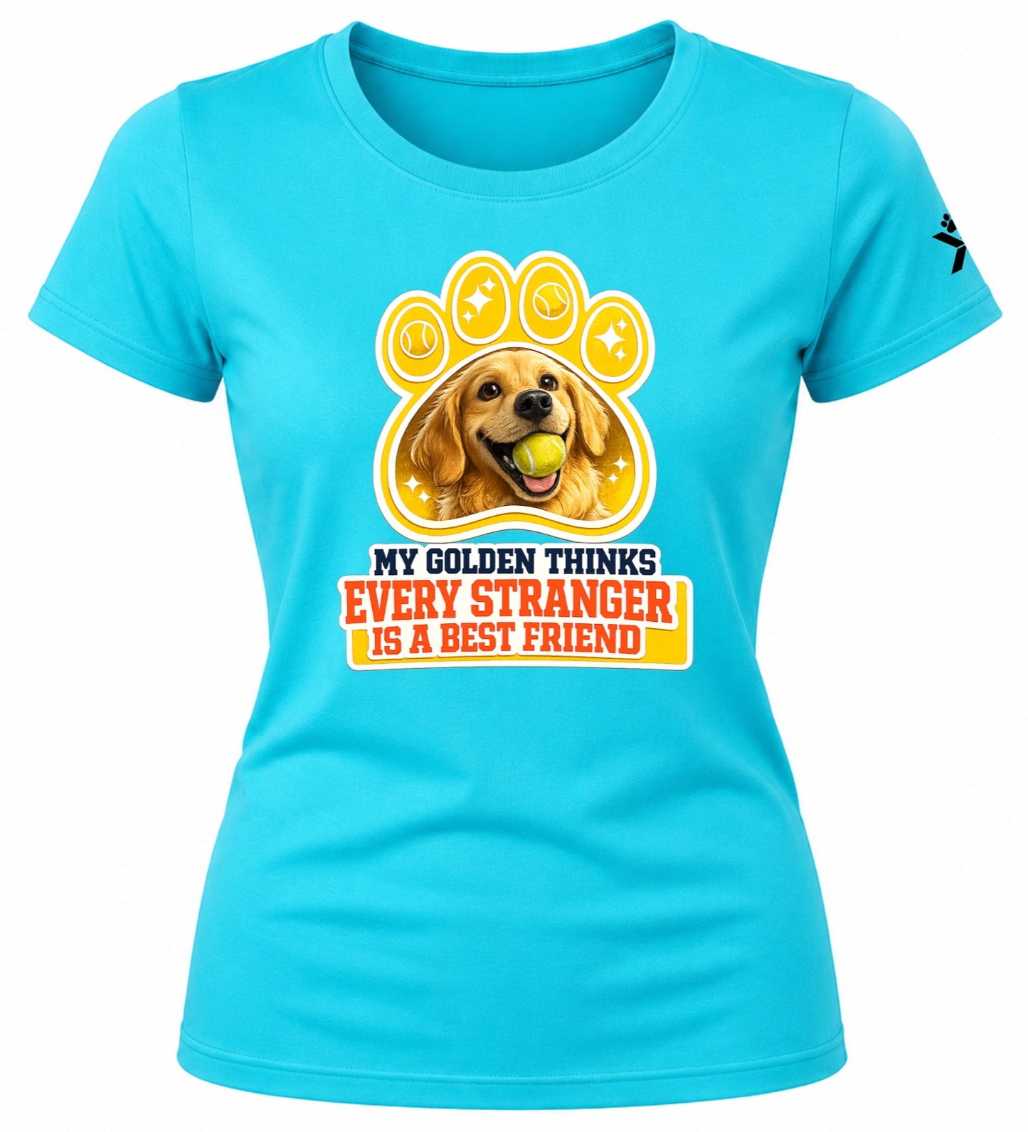 NOMAiX PAWS Golden Retriever T-Shirt for Women - My Golden Thinks Every Stranger Is a Best Friend - Funny Dog Mom Gift Tee - Cyan - Flat