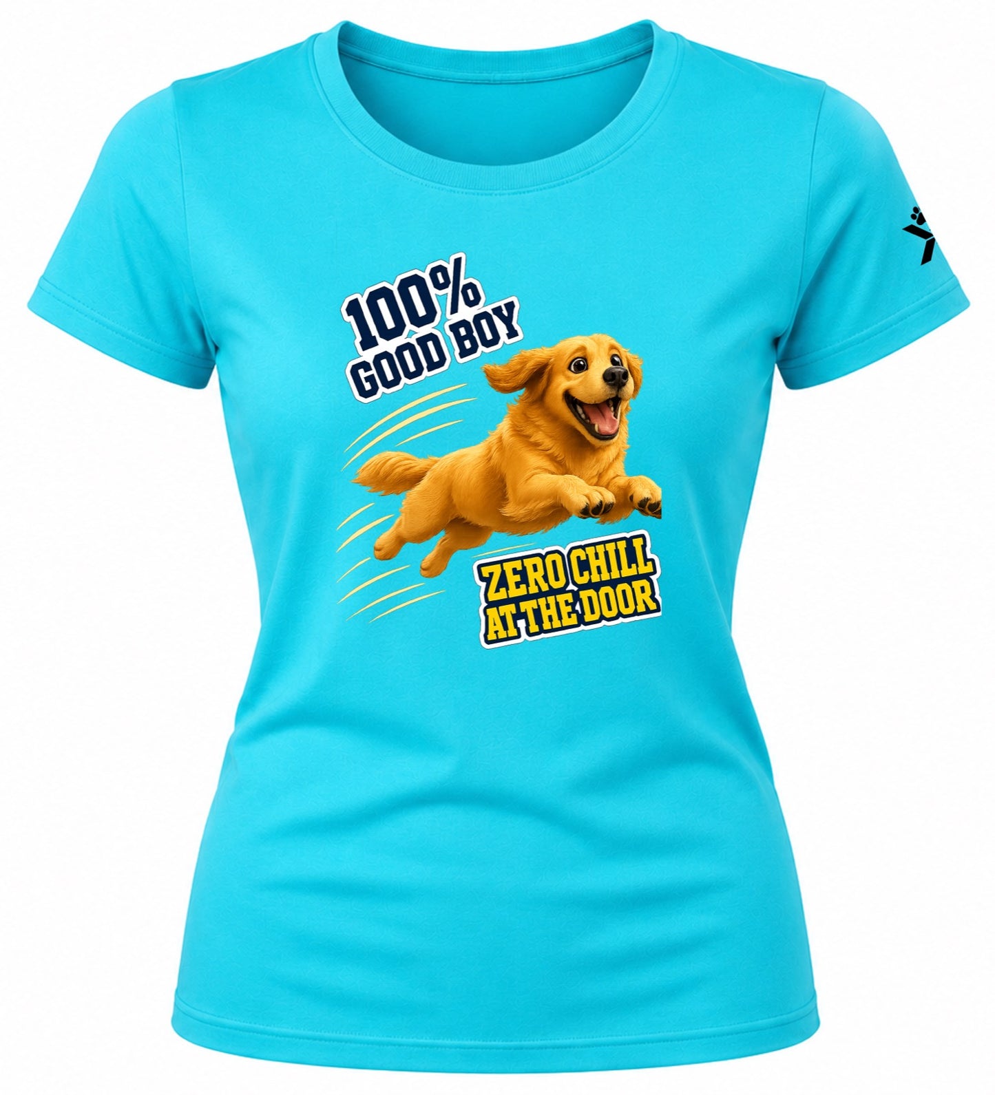 NOMAiX PAWS Golden Retriever T-Shirt for Women - 100% Good Boy Zero Chill at the Door - Funny Dog Mom Gift Tee - Cyan - Flat