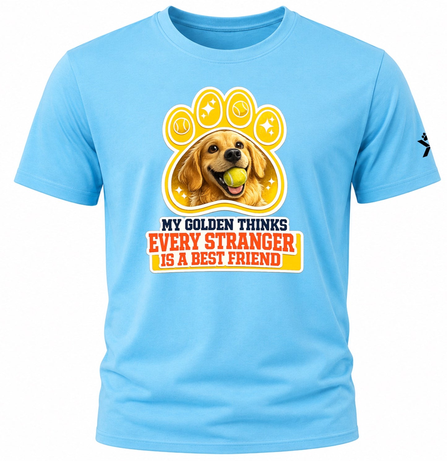NOMAiX PAWS Golden Retriever T-Shirt for Men - My Golden Thinks Every Stranger Is a Best Friend - Funny Dog Dad Gift Tee - Cyan - Flat