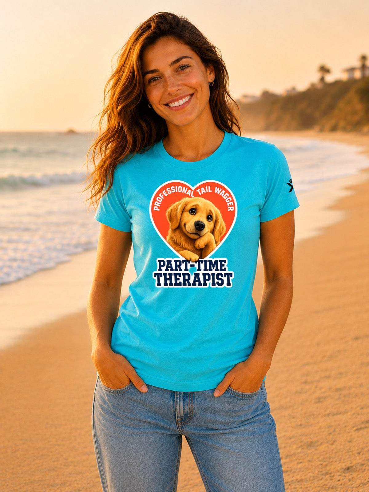 NOMAiX PAWS Golden Retriever T-Shirt for Women - Professional Tail Wagger Part-Time Therapist - Funny Dog Mom Gift Tee - Cyan - Lifestyle