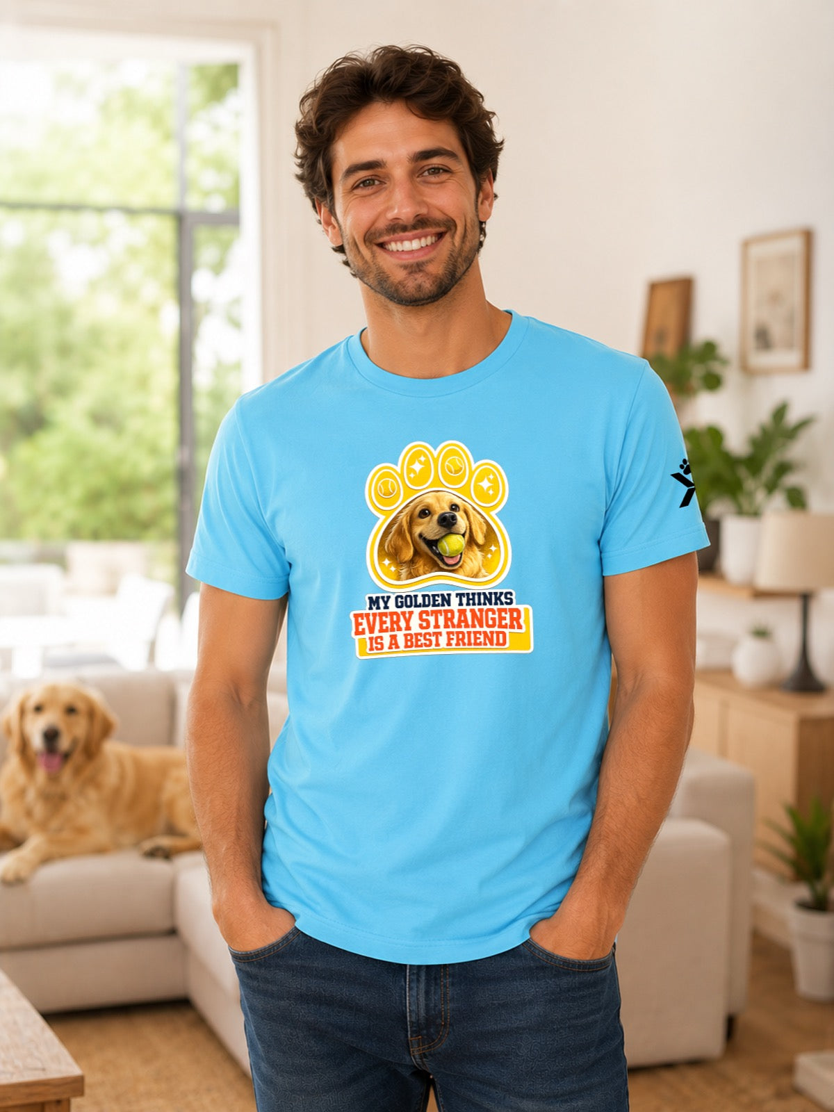 NOMAiX PAWS Golden Retriever T-Shirt for Men - My Golden Thinks Every Stranger Is a Best Friend - Funny Dog Dad Gift Tee - Cyan - Lifestyle