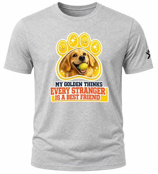 NOMAiX PAWS Golden Retriever T-Shirt for Men - My Golden Thinks Every Stranger Is a Best Friend - Funny Dog Dad Gift Tee - Grey - Flat
