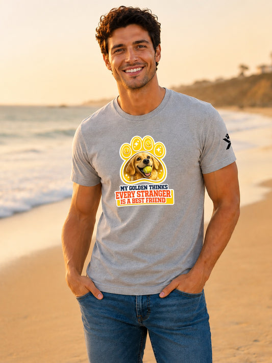 NOMAiX PAWS Golden Retriever T-Shirt for Men - My Golden Thinks Every Stranger Is a Best Friend - Funny Dog Dad Gift Tee - Grey - Lifestyle
