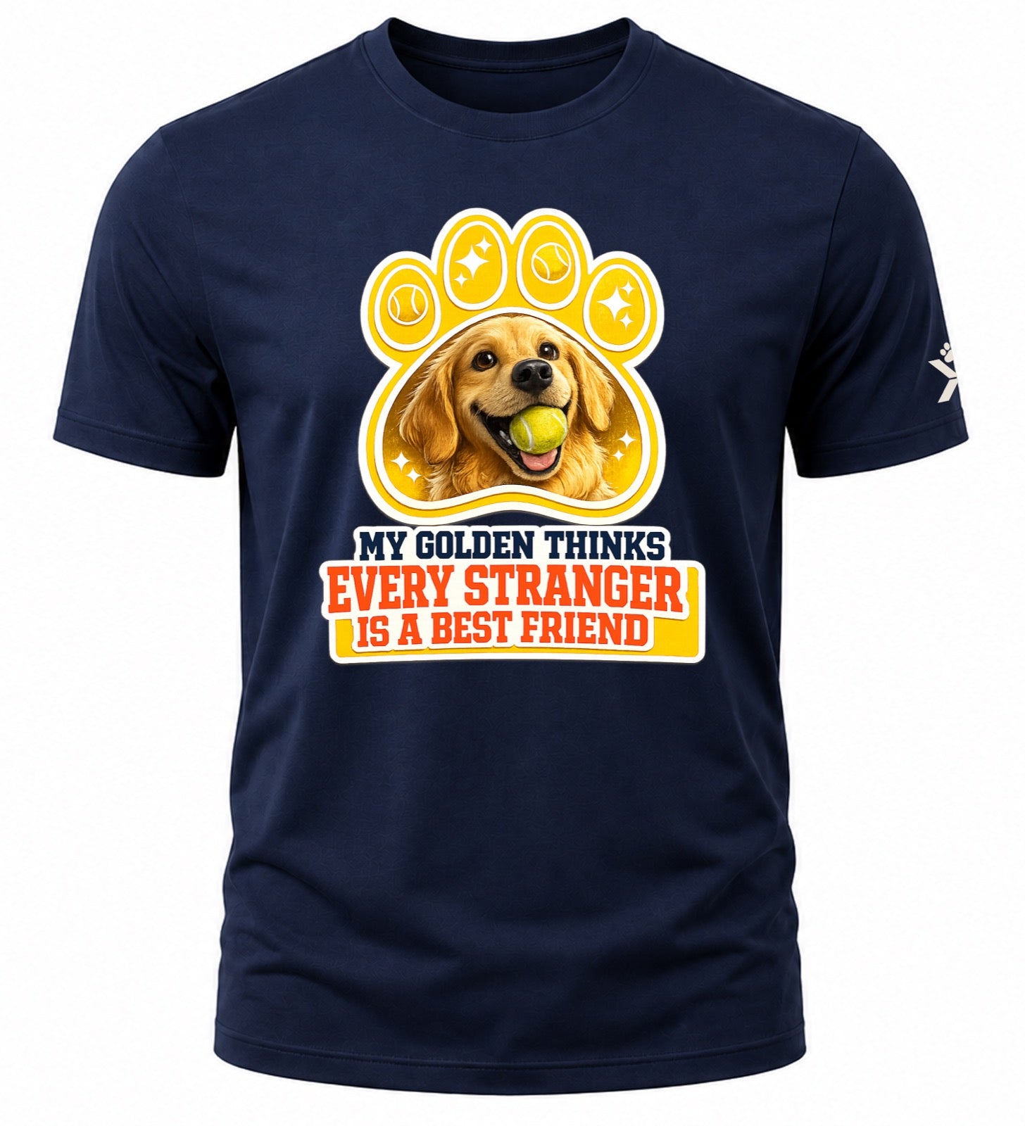 NOMAiX PAWS Golden Retriever T-Shirt for Men - My Golden Thinks Every Stranger Is a Best Friend - Funny Dog Dad Gift Tee - Navy - Flat