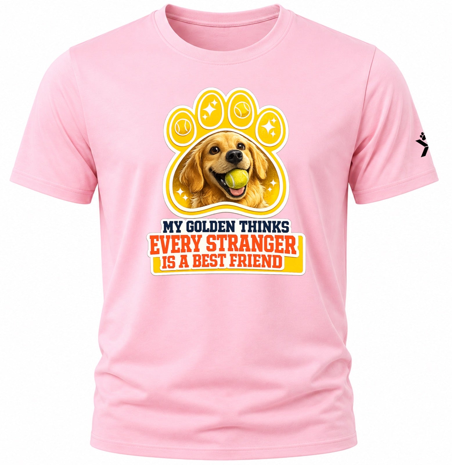 NOMAiX PAWS Golden Retriever T-Shirt for Men - My Golden Thinks Every Stranger Is a Best Friend - Funny Dog Dad Gift Tee - Pink - Flat