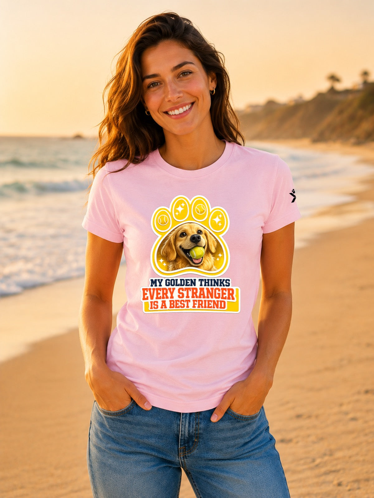 NOMAiX PAWS Golden Retriever T-Shirt for Women - My Golden Thinks Every Stranger Is a Best Friend - Funny Dog Mom Gift Tee - Baby Pink - Lifestyle