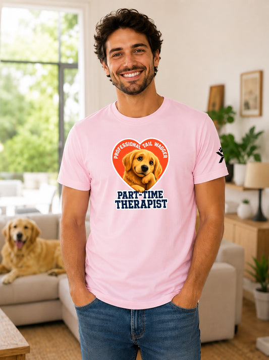 NOMAiX PAWS Golden Retriever T-Shirt for Men - Professional Tail Wagger Part-Time Therapist - Funny Dog Dad Gift Tee - Pink - Lifestyle
